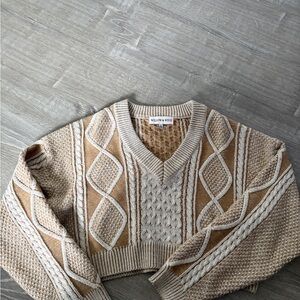 Tan and Cream V-Neck Cable Knit Sweater